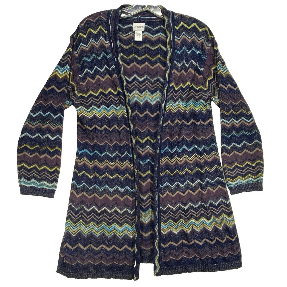 Chico's Cardigan sweater womens 2 US L Open front Chevron Zig Zag Stripe Sparkly